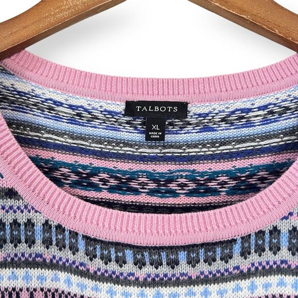Talbots Women's XL Gray Pink Fair Isle Knit Casual Sweater Soft Lambswool Blend - Picture 3 of 8